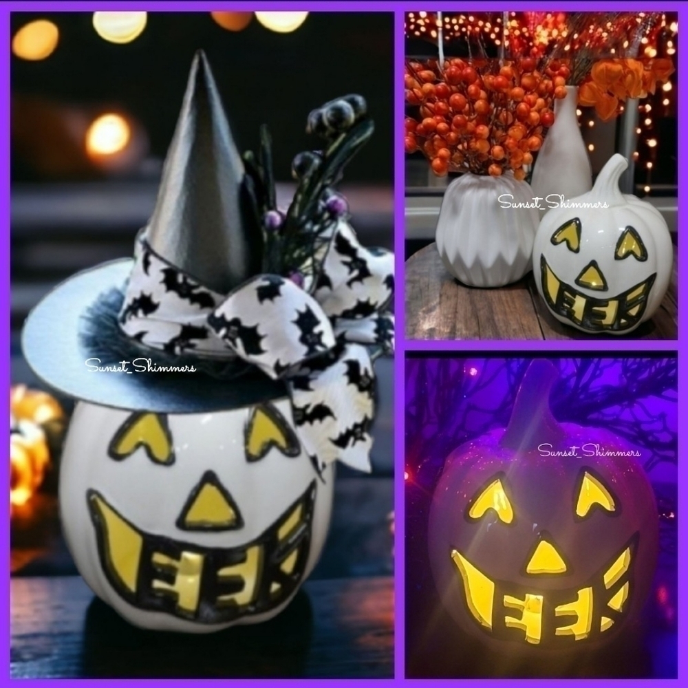 Halloween Light Up Black & White EEK Pumpkin Ceramic JACK O LANTERN NEW